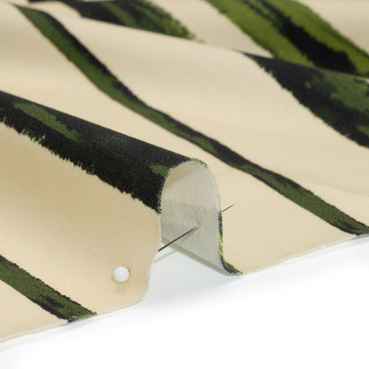 Stretch Cotton Sateen - Cream and Green Painted Stripes - Verdant Trail Print - Mood Exclusive Acadia Collection