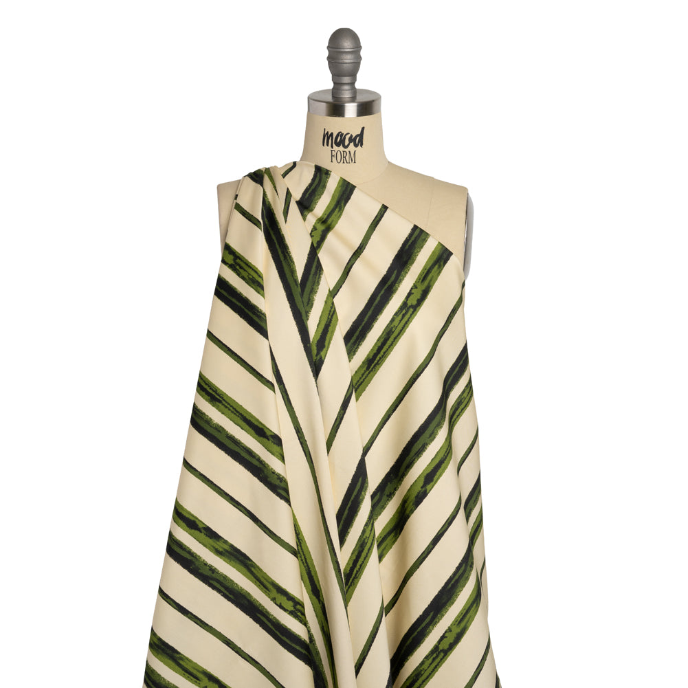 Stretch Cotton Sateen - Cream and Green Painted Stripes - Verdant Trail Print - Mood Exclusive Acadia Collection - Drape