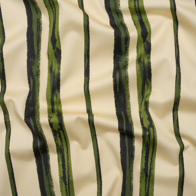 Stretch Cotton Sateen - Cream and Green Painted Stripes - Verdant Trail Print - Mood Exclusive Acadia Collection