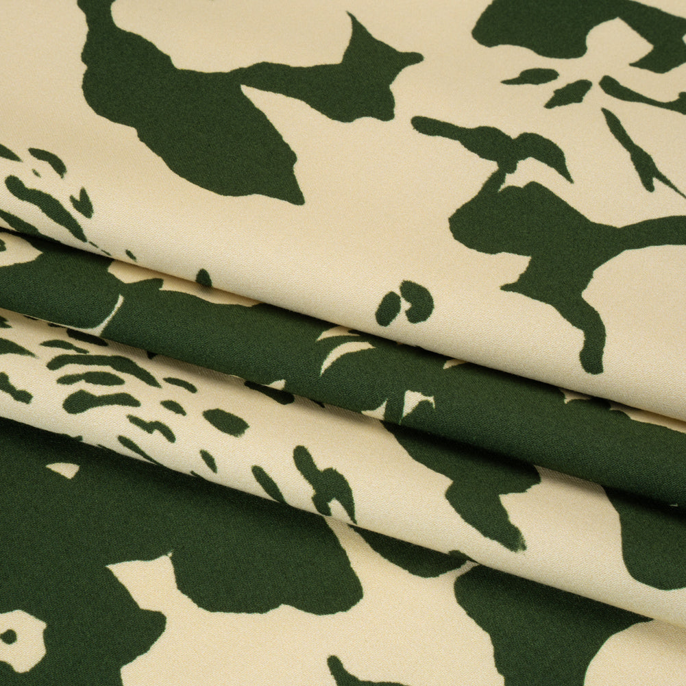 Stretch Cotton Sateen - Hunter Green and Cream Big Floral - Rorschach Rosettes Print - Mood Exclusive Acadia Collection - Folded