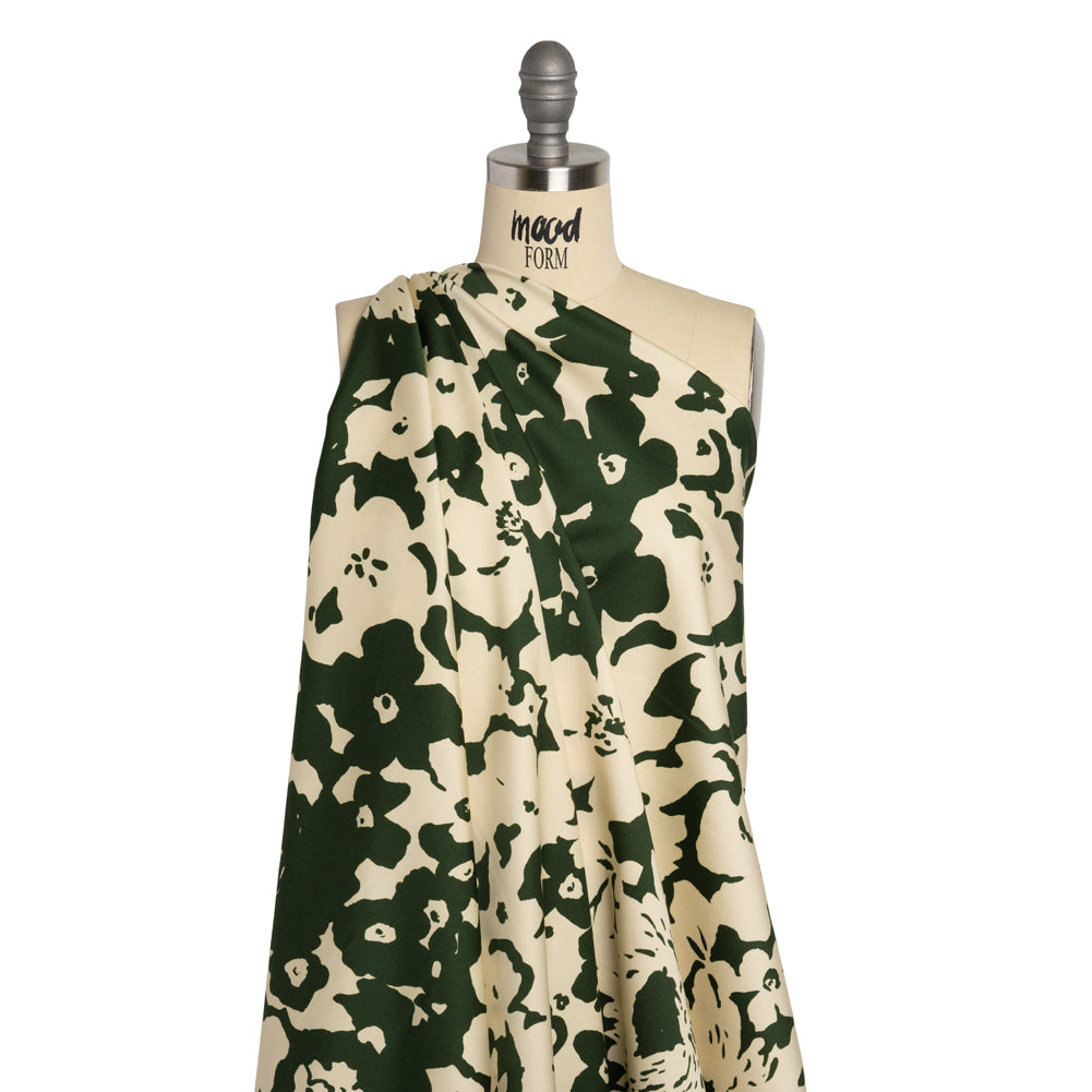 Stretch Cotton Sateen - Hunter Green and Cream Big Floral - Rorschach Rosettes Print - Mood Exclusive Acadia Collection - Drape
