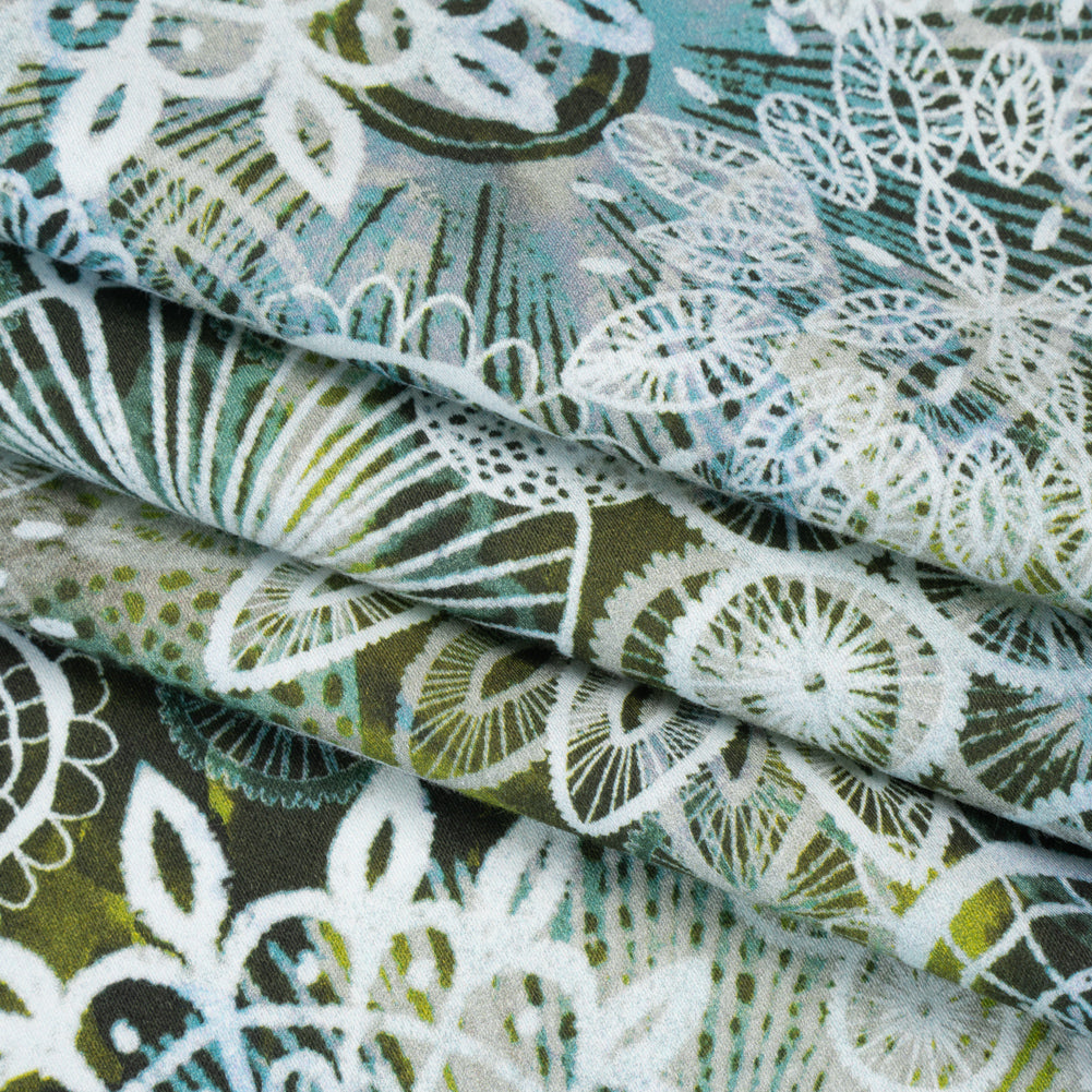 Stretch Cotton Sateen - Olive Green, Sky Blue and White Flowers and Circles - Kaleidoscope Sunbeam Print - Mood Exclusive Acadia Collection Folded