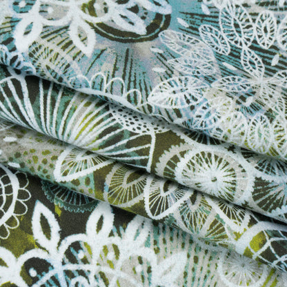 Stretch Cotton Sateen - Olive Green, Sky Blue and White Flowers and Circles - Kaleidoscope Sunbeam Print - Mood Exclusive Acadia Collection Folded