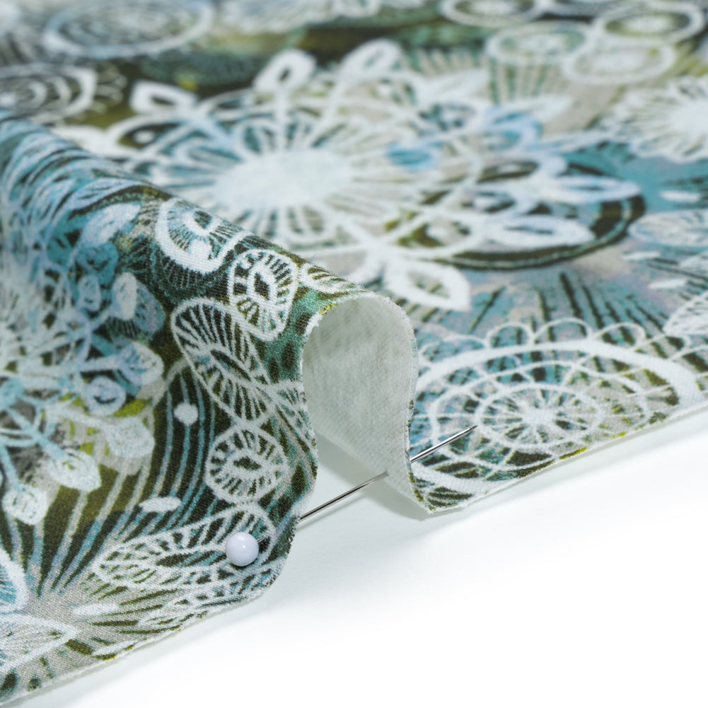 Stretch Cotton Sateen - Olive Green, Sky Blue and White Flowers and Circles - Kaleidoscope Sunbeam Print - Mood Exclusive Acadia Collection Detail