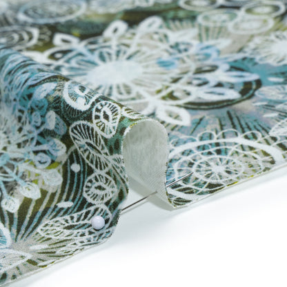 Stretch Cotton Sateen - Olive Green, Sky Blue and White Flowers and Circles - Kaleidoscope Sunbeam Print - Mood Exclusive Acadia Collection Detail