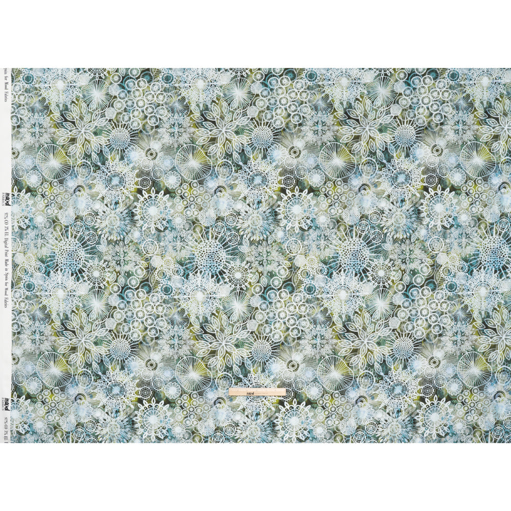Stretch Cotton Sateen - Olive Green, Sky Blue and White Flowers and Circles - Kaleidoscope Sunbeam Print - Mood Exclusive Acadia Collection - Full