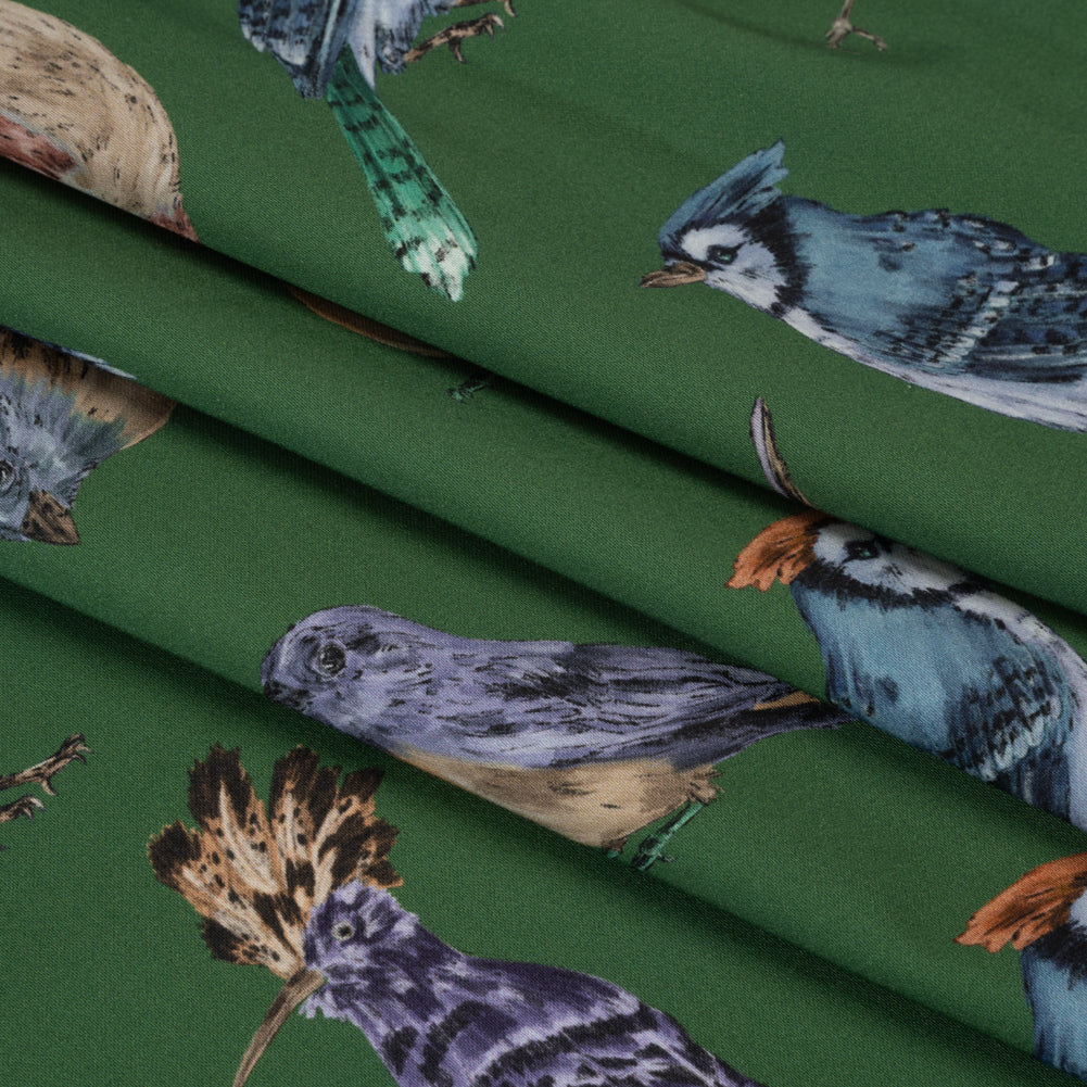 Stretch Cotton Sateen - Green, Blue and Beige Little Birds - Birdsong Saunter Print - Mood Exclusive Acadia Collection - Folded