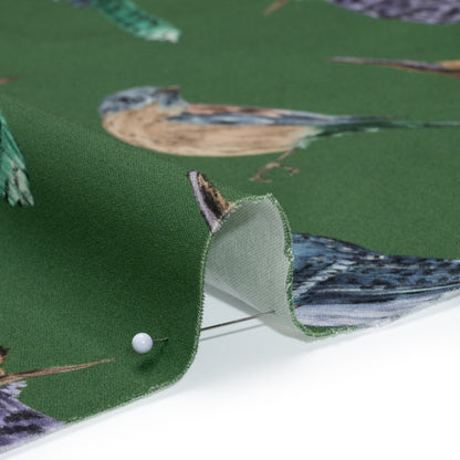 Stretch Cotton Sateen - Green, Blue and Beige Little Birds - Birdsong Saunter Print - Mood Exclusive Acadia Collection