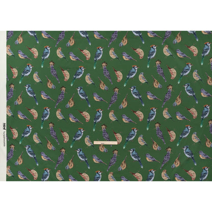 Stretch Cotton Sateen - Green, Blue and Beige Little Birds - Birdsong Saunter Print - Mood Exclusive Acadia Collection