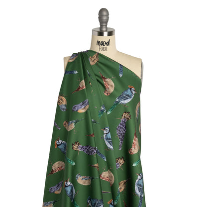 Stretch Cotton Sateen - Green, Blue and Beige Little Birds - Birdsong Saunter Print - Mood Exclusive Acadia Collection