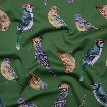 Stretch Cotton Sateen - Green, Blue and Beige Little Birds - Birdsong Saunter Print - Mood Exclusive Acadia Collection