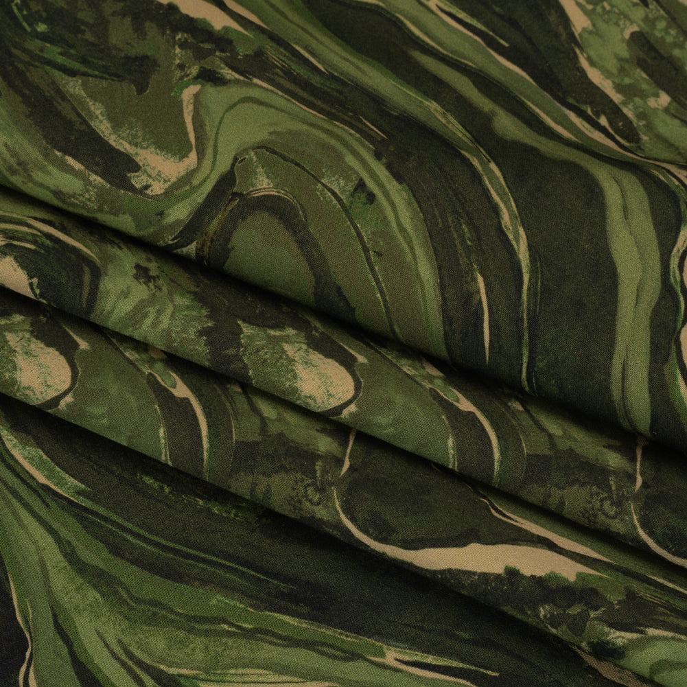 Stretch Cotton Sateen - Green and Beige Abstract Swirls - Painter’s Pond Print - Mood Exclusive Acadia Collection - Folded