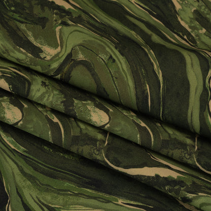 Stretch Cotton Sateen - Green and Beige Abstract Swirls - Painter’s Pond Print - Mood Exclusive Acadia Collection
