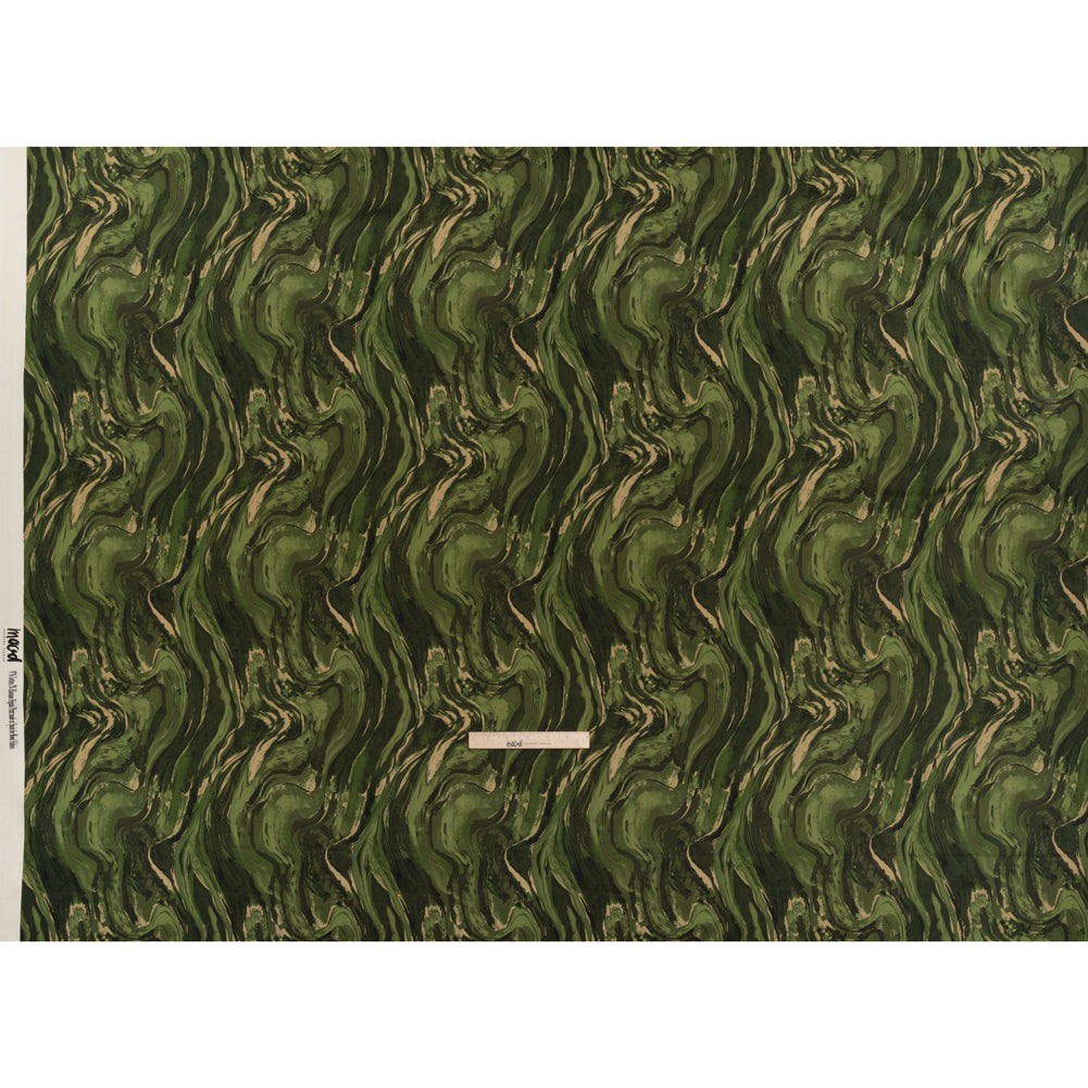 Stretch Cotton Sateen - Green and Beige Abstract Swirls - Painter’s Pond Print - Mood Exclusive Acadia Collection - Full