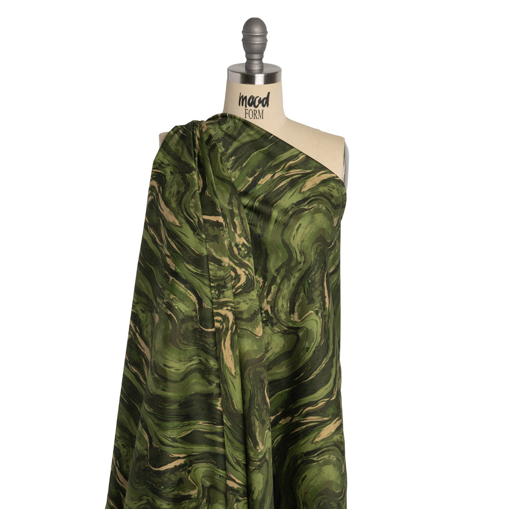 Stretch Cotton Sateen - Green and Beige Abstract Swirls - Painter’s Pond Print - Mood Exclusive Acadia Collection - Drape