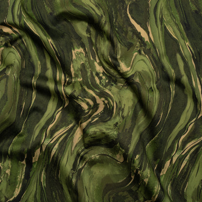 Stretch Cotton Sateen - Green and Beige Abstract Swirls - Painter’s Pond Print - Mood Exclusive Acadia Collection