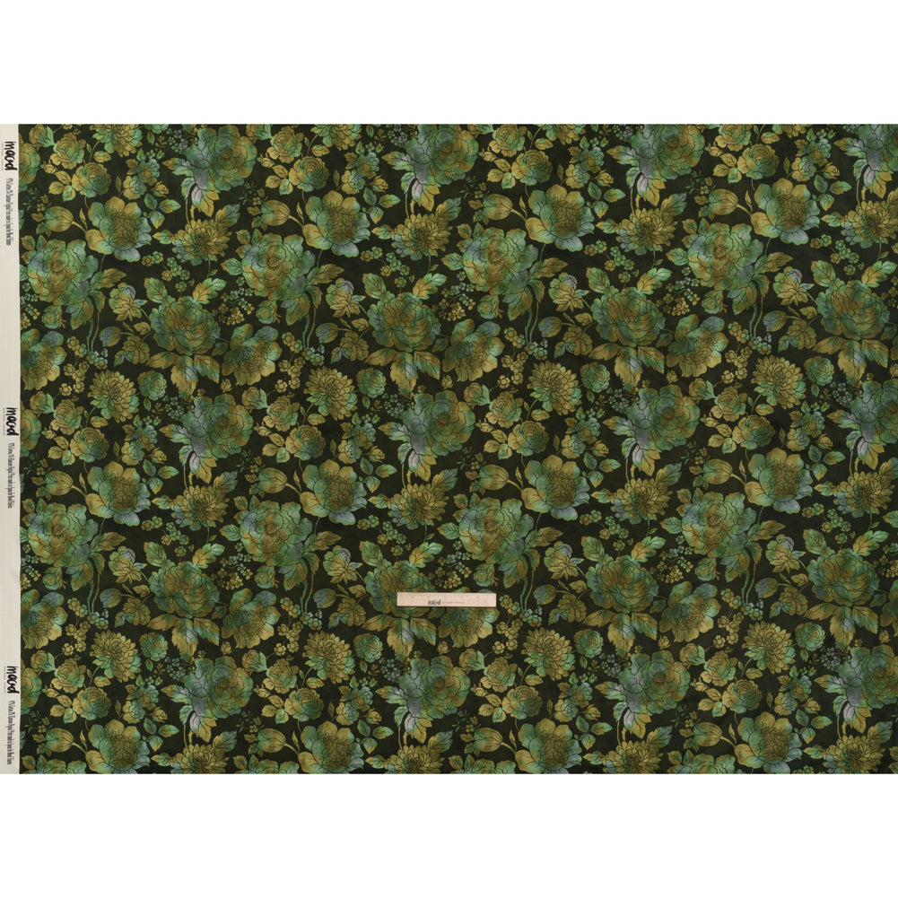 Stretch Cotton Sateen - Green, Olive and Navy Floral - Secret Garden Print - Mood Exclusive Acadia Collection - Full