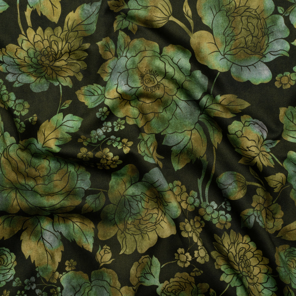 Stretch Cotton Sateen - Green, Olive and Navy Floral - Secret Garden Print - Mood Exclusive Acadia Collection
