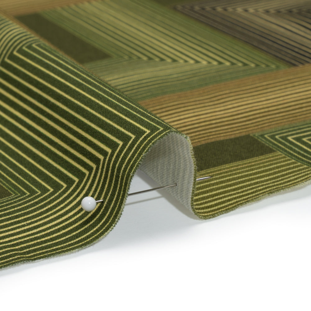 Stretch Cotton Sateen - Olive and Hunter Green Geometric Lines - Hedge Maze Print - Mood Exclusive Acadia Collection - Detail
