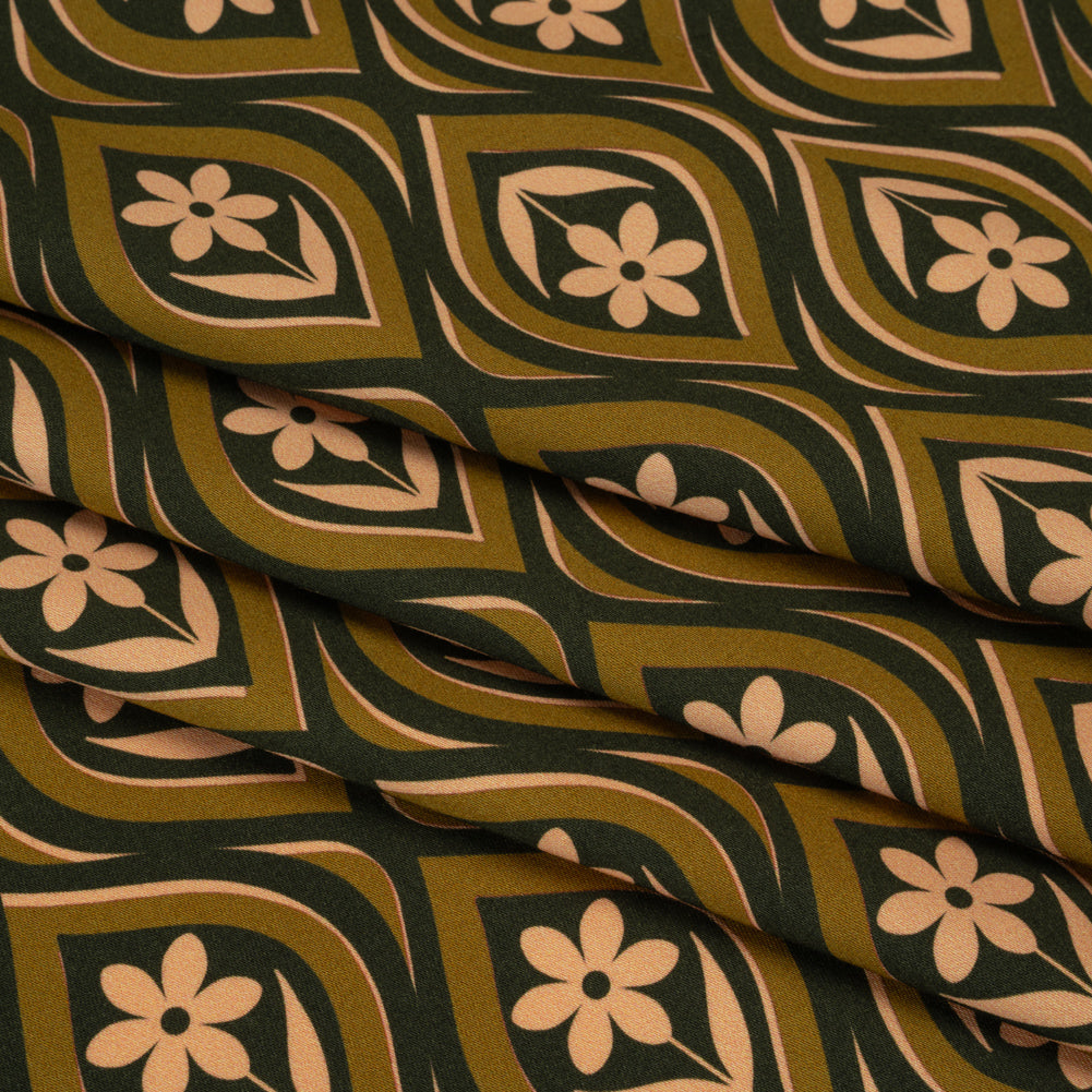 Stretch Cotton Sateen - Olive, Hunter Green, and Beige Floral Ogees - Woodland Blooms Print - Mood Exclusive Acadia Collection - Folded