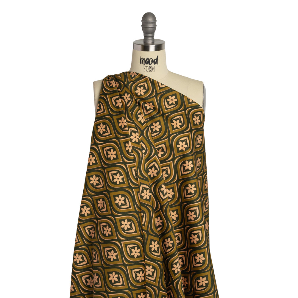 Stretch Cotton Sateen - Olive, Hunter Green, and Beige Floral Ogees - Woodland Blooms Print - Mood Exclusive Acadia Collection - Drape