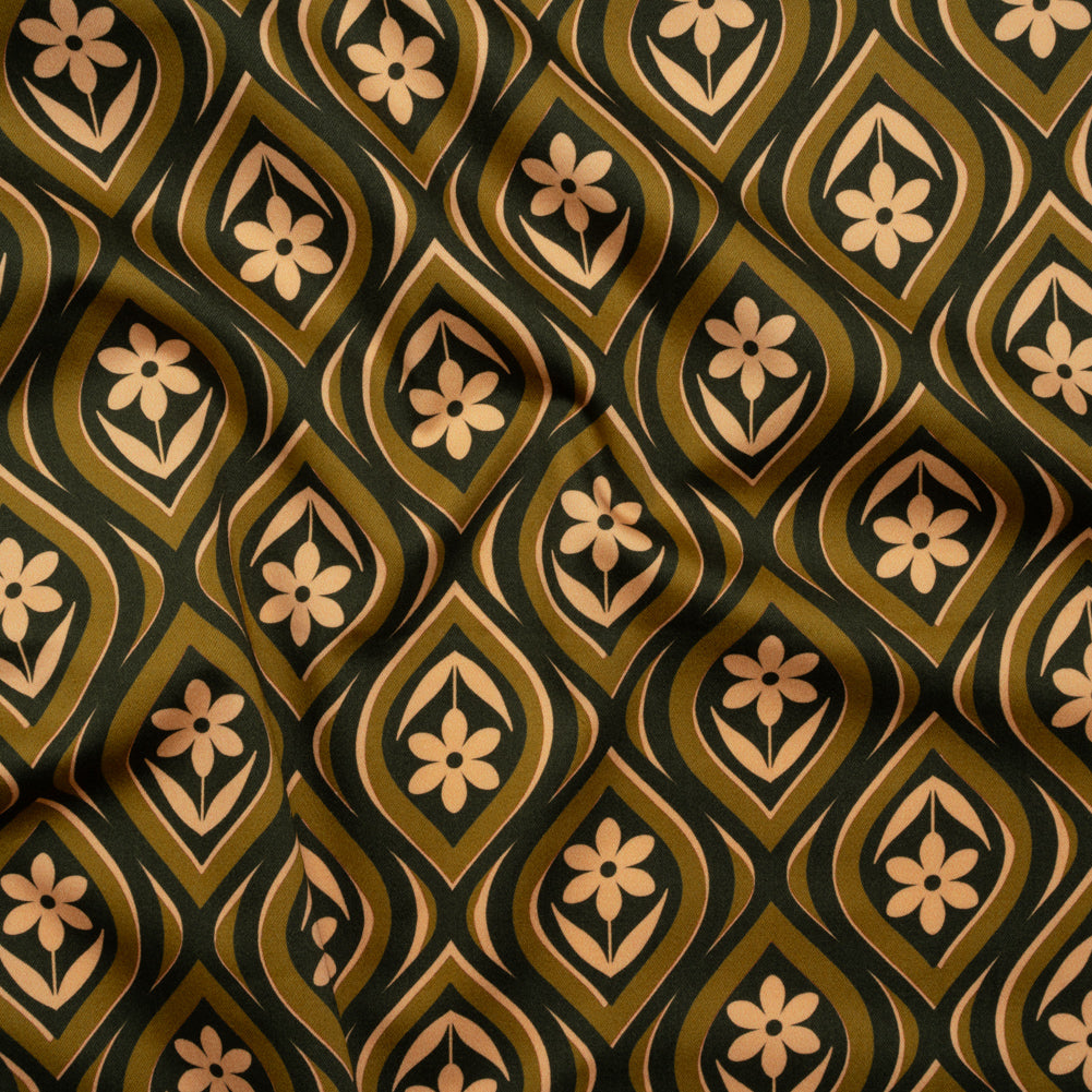 Stretch Cotton Sateen - Olive, Hunter Green, and Beige Floral Ogees - Woodland Blooms Print - Mood Exclusive Acadia Collection