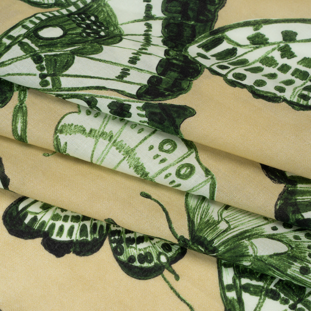 Cotton Voile - Green and Cream Butterflies - Monarch Mountain Print - Mood Exclusive Acadia Collection - Folded
