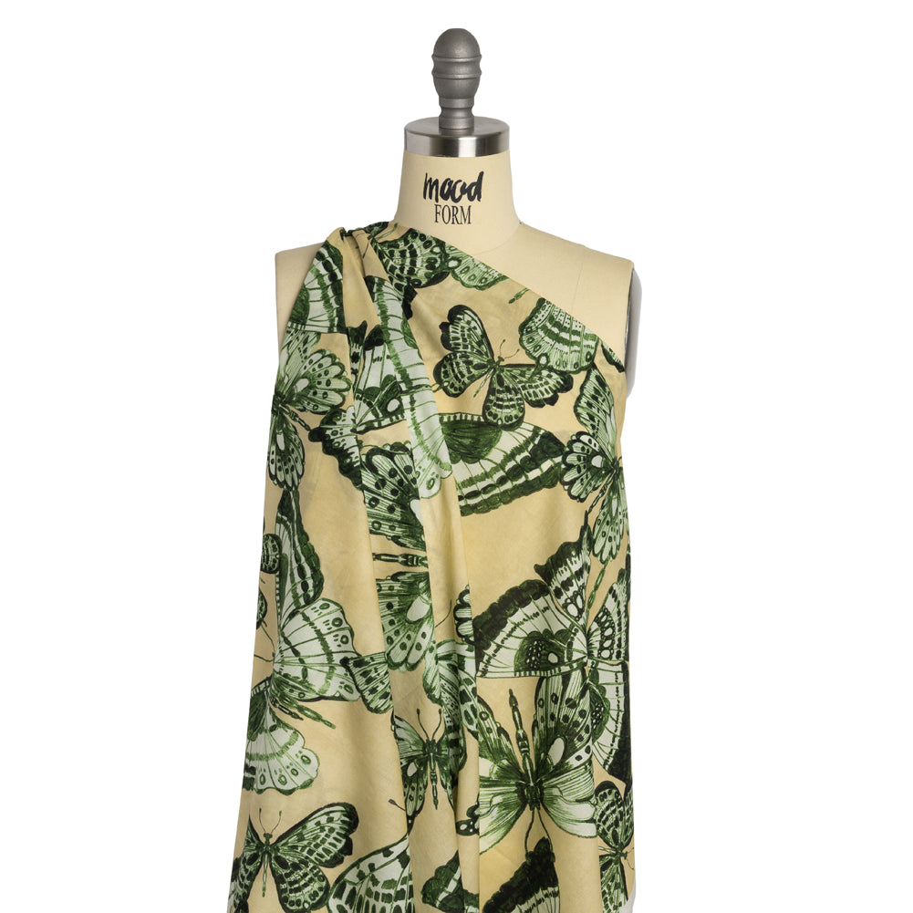 Cotton Voile - Green and Cream Butterflies - Monarch Mountain Print - Mood Exclusive Acadia Collection - Drape