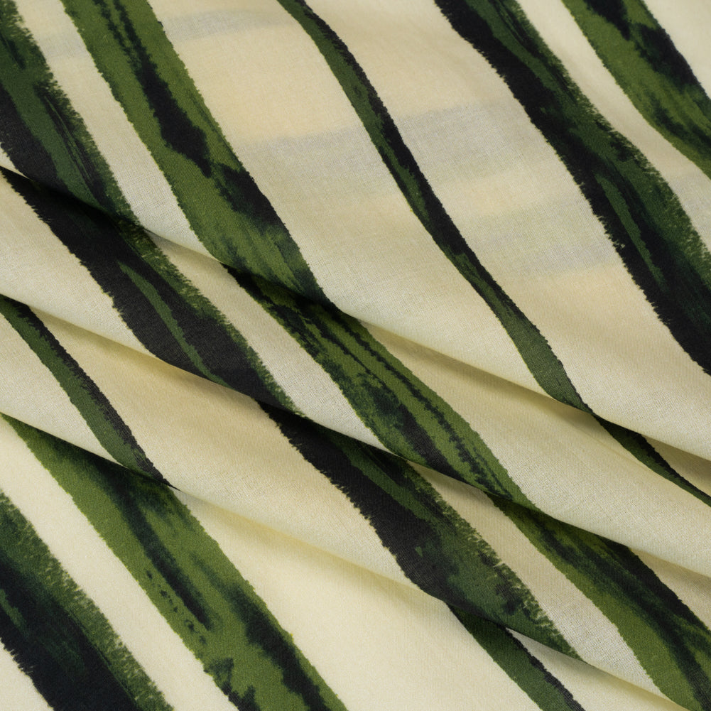 Cotton Voile - Cream and Green Painted Stripes - Verdant Trail Print - Mood Exclusive Acadia Collection - Folded