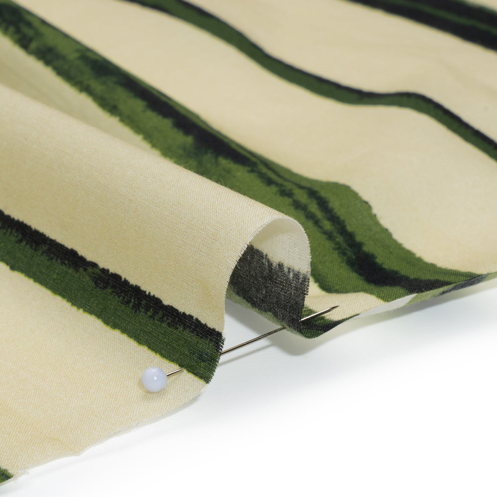 Cotton Voile - Cream and Green Painted Stripes - Verdant Trail Print - Mood Exclusive Acadia Collection - Detail
