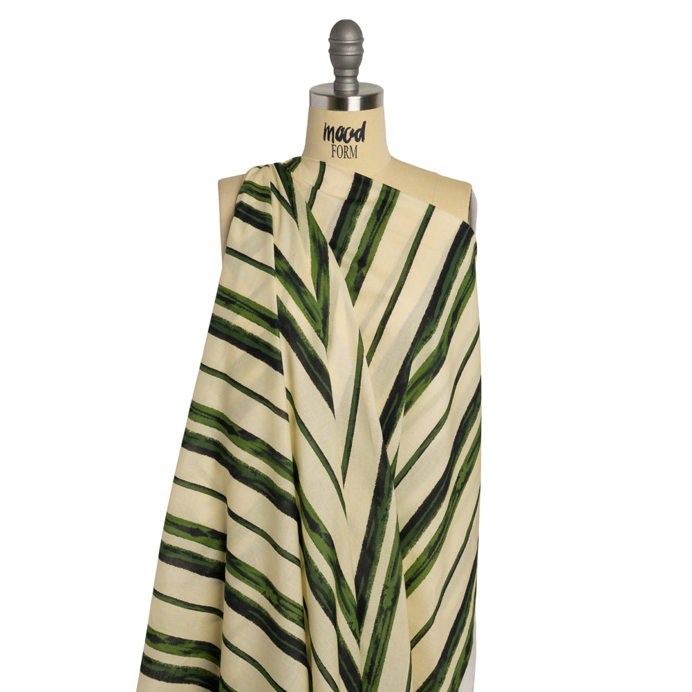 Cotton Voile - Cream and Green Painted Stripes - Verdant Trail Print - Mood Exclusive Acadia Collection - Drape