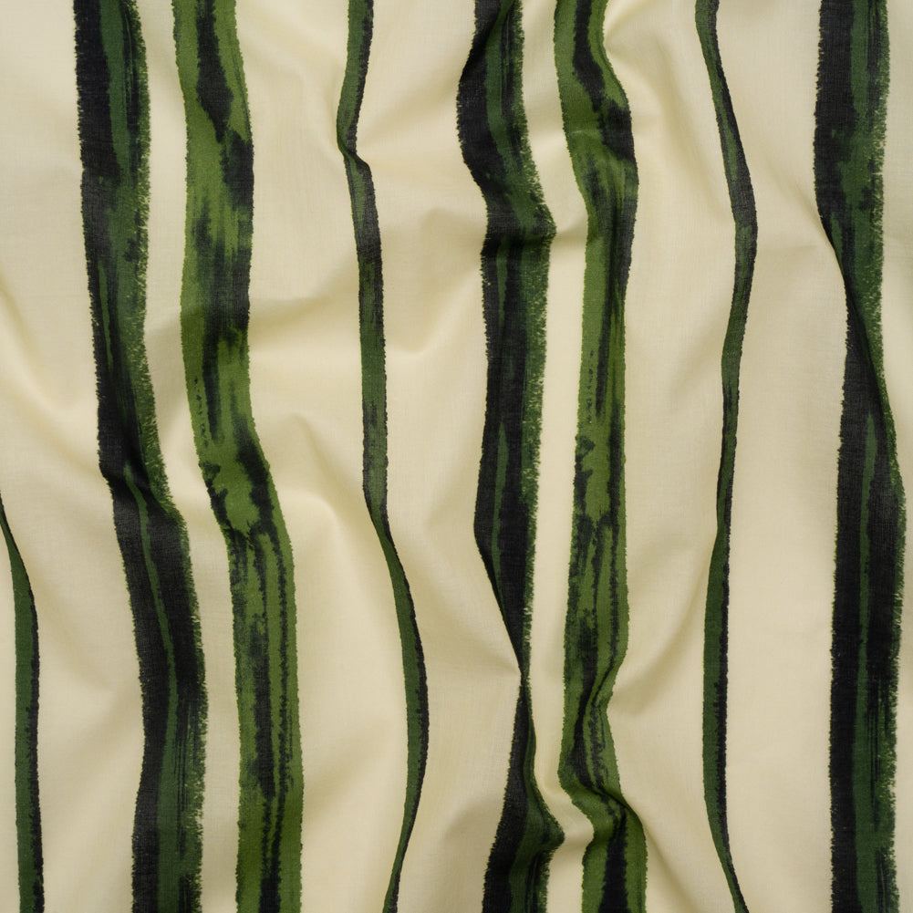 Cotton Voile - Cream and Green Painted Stripes - Verdant Trail Print - Mood Exclusive Acadia Collection