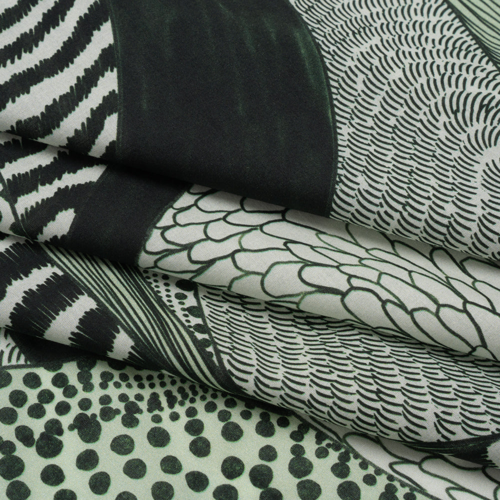 Cotton Voile - Dark Green and White Doodled Patterns - Forest Fantasy Print - Mood Exclusive Acadia Collection - Folded