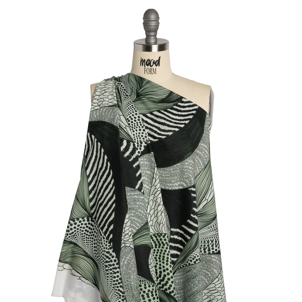 Cotton Voile - Dark Green and White Doodled Patterns - Forest Fantasy Print - Mood Exclusive Acadia Collection - Drape