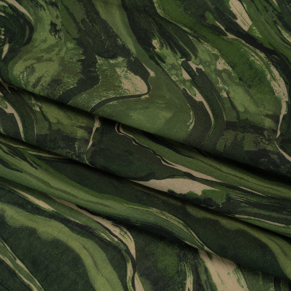 Cotton Voile - Green and Beige Abstract Swirls - Painter’s Pond Print - Mood Exclusive Acadia Collection - Folded