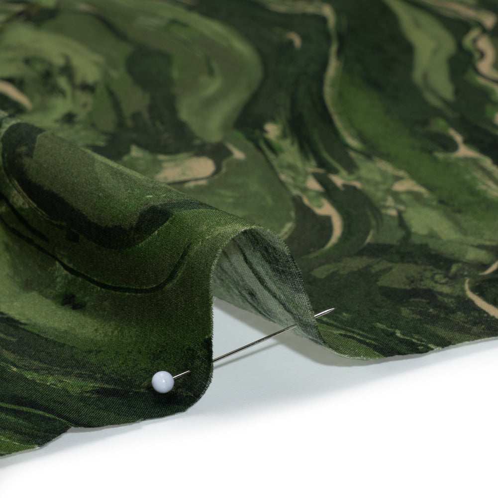 Cotton Voile - Green and Beige Abstract Swirls - Painter’s Pond Print - Mood Exclusive Acadia Collection - Detail