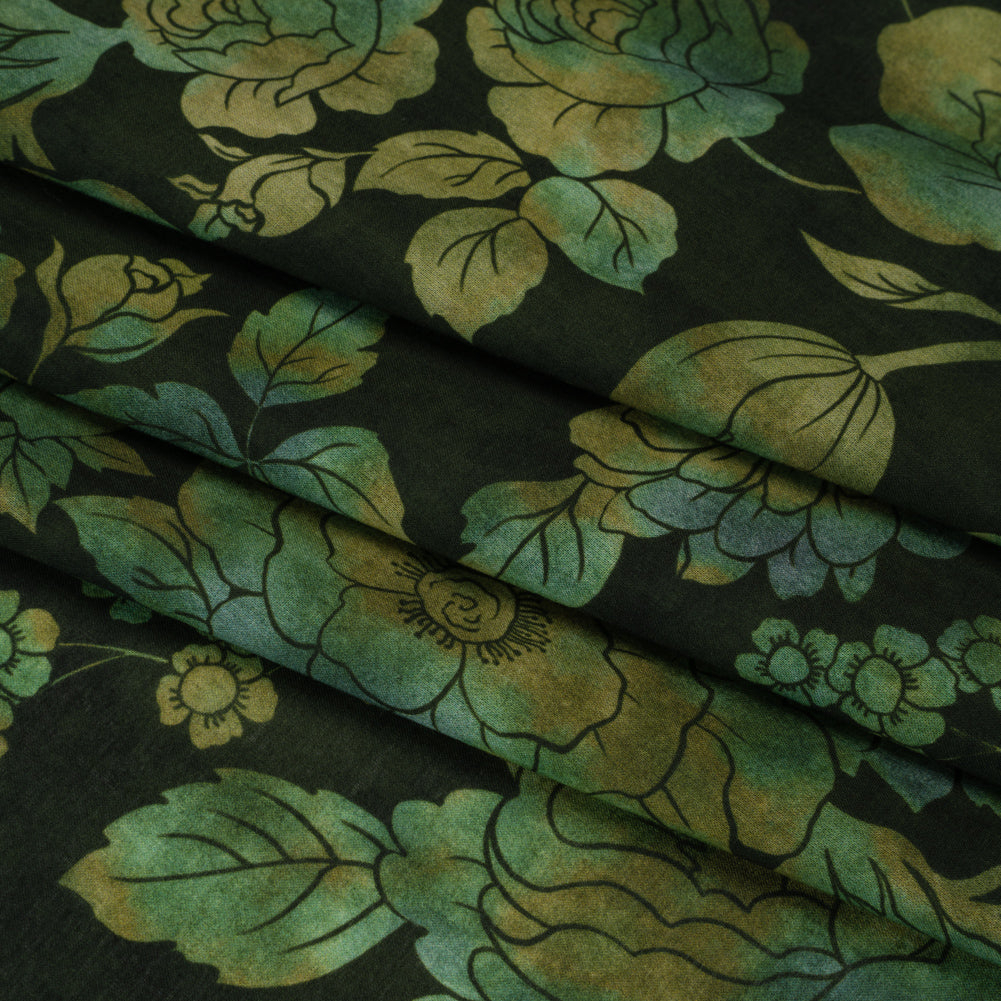 Cotton Voile - Green, Olive and Navy Floral - Secret Garden Print - Mood Exclusive Acadia Collection - Folded