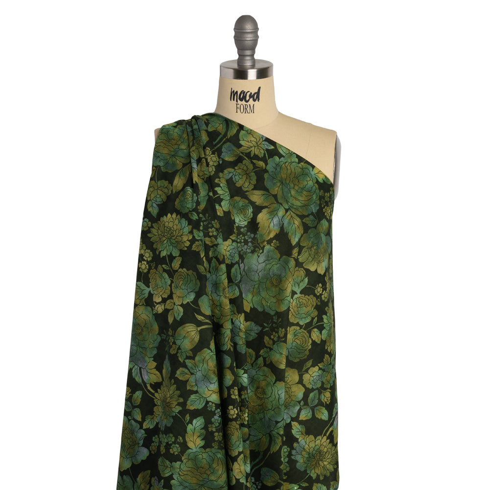 Cotton Voile - Green, Olive and Navy Floral - Secret Garden Print - Mood Exclusive Acadia Collection - Drape
