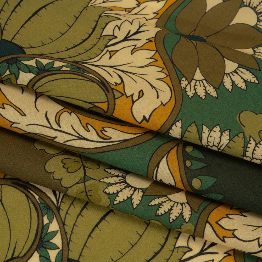 Cotton Voile - Olive Green, Teal and Mango Orange Wavy Floral Stripes - Nymph’s Harvest Print - Mood Exclusive Acadia Collection - Folded
