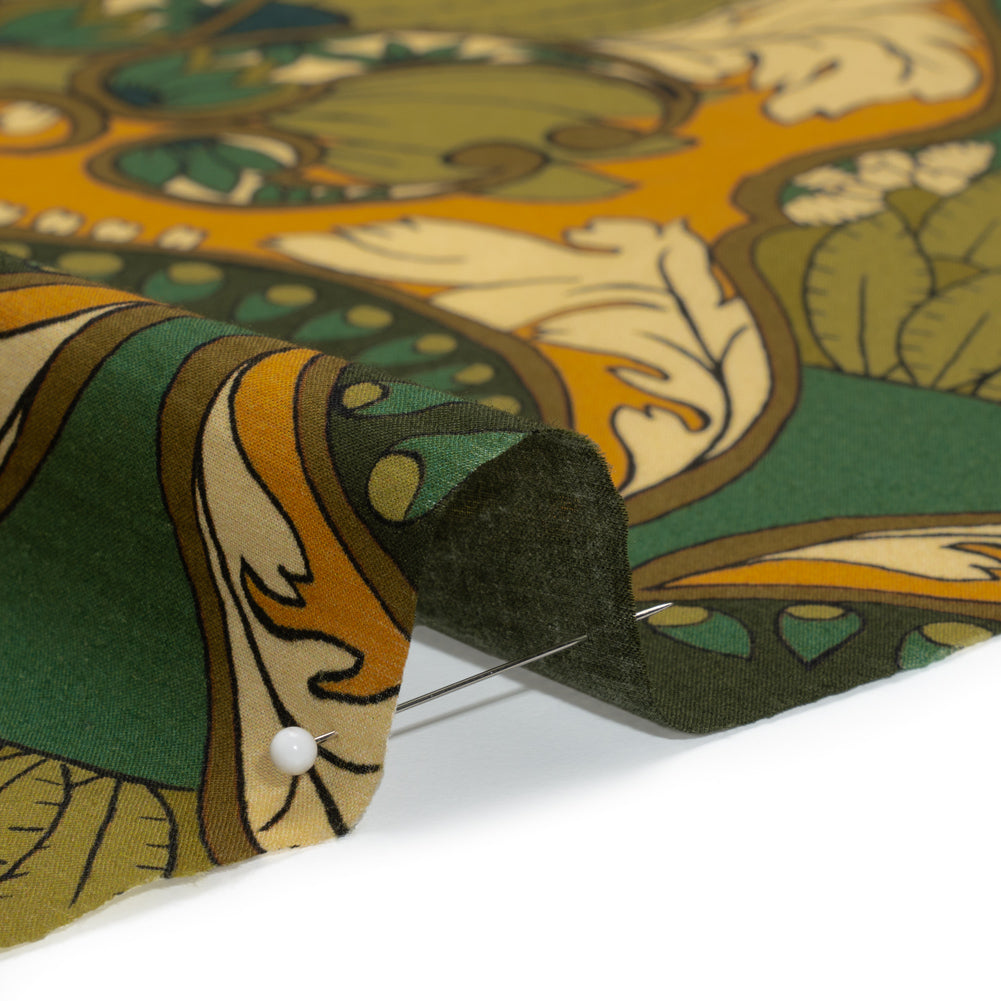 Cotton Voile - Olive Green, Teal and Mango Orange Wavy Floral Stripes - Nymph’s Harvest Print - Mood Exclusive Acadia Collection - Detail