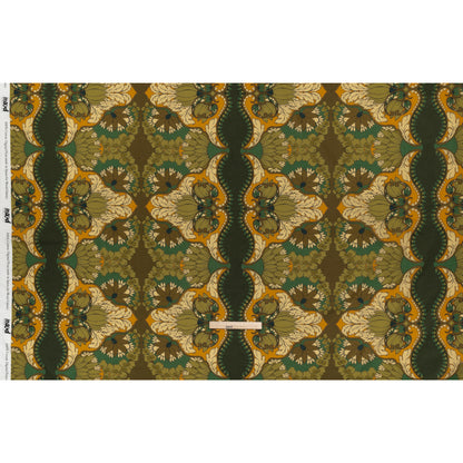 Cotton Voile - Olive Green, Teal and Mango Orange Wavy Floral Stripes - Nymph’s Harvest Print - Mood Exclusive Acadia Collection