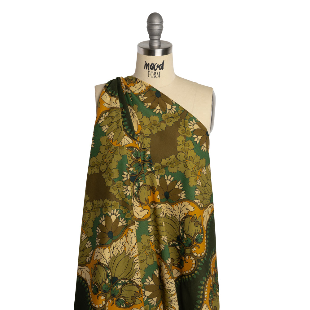Cotton Voile - Olive Green, Teal and Mango Orange Wavy Floral Stripes - Nymph’s Harvest Print - Mood Exclusive Acadia Collection - Drape