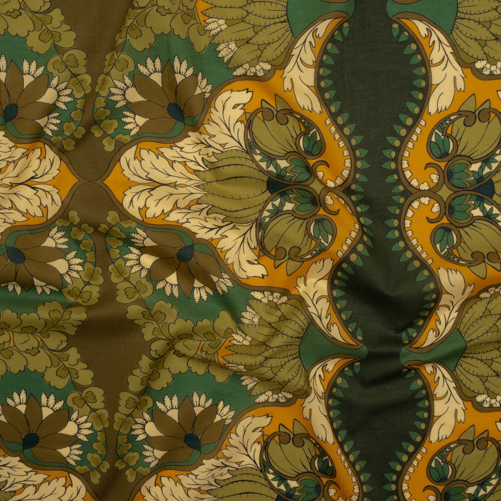 Cotton Voile - Olive Green, Teal and Mango Orange Wavy Floral Stripes - Nymph’s Harvest Print - Mood Exclusive Acadia Collection