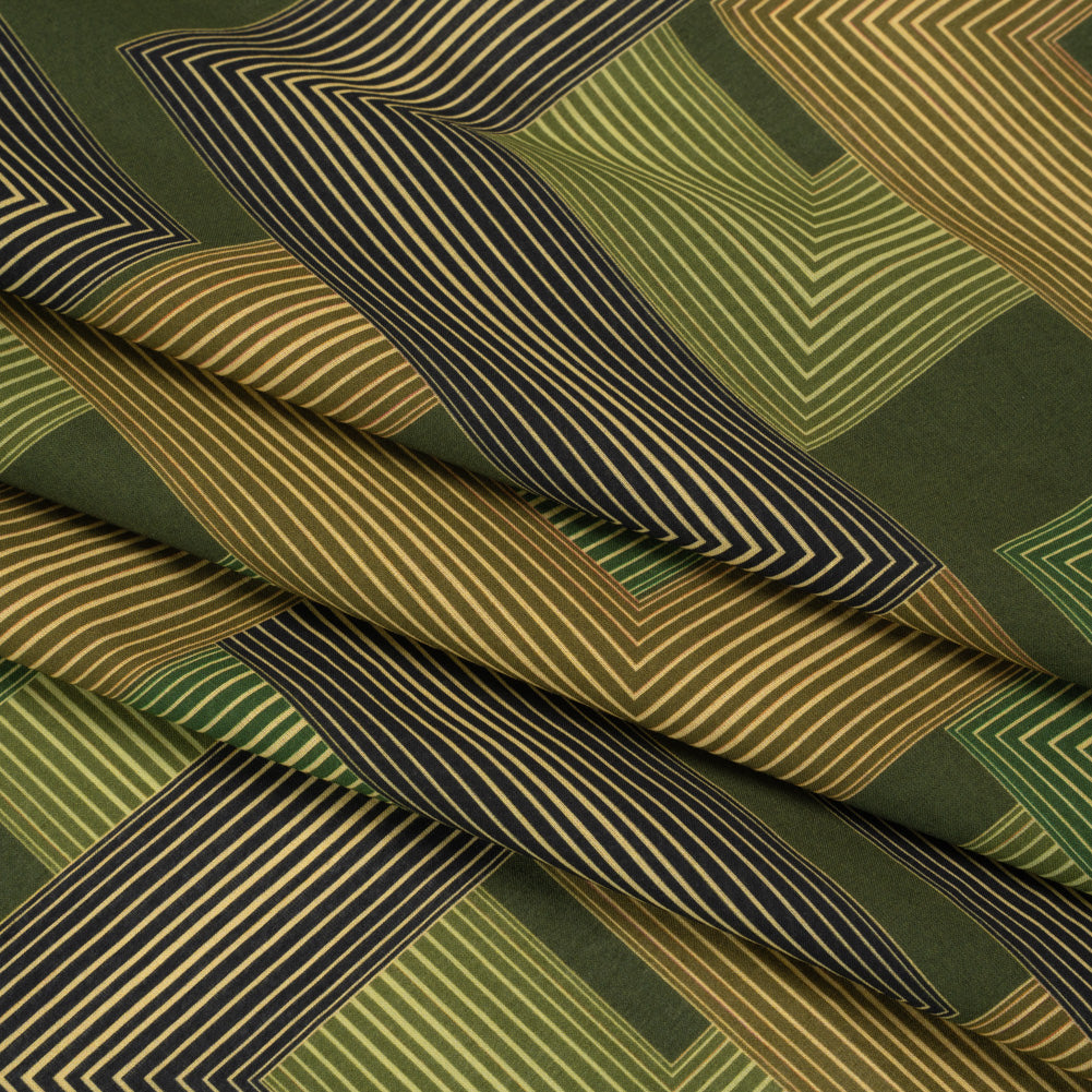 Cotton Voile - Olive and Hunter Green Geometric Lines - Hedge Maze Print - Mood Exclusive Acadia Collection - Folded