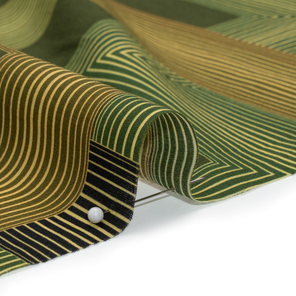 Cotton Voile - Olive and Hunter Green Geometric Lines - Hedge Maze Print - Mood Exclusive Acadia Collection - Detail