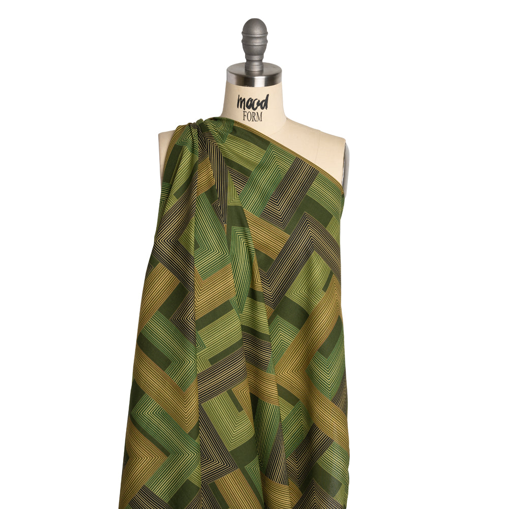 Cotton Voile - Olive and Hunter Green Geometric Lines - Hedge Maze Print - Mood Exclusive Acadia Collection - Drape