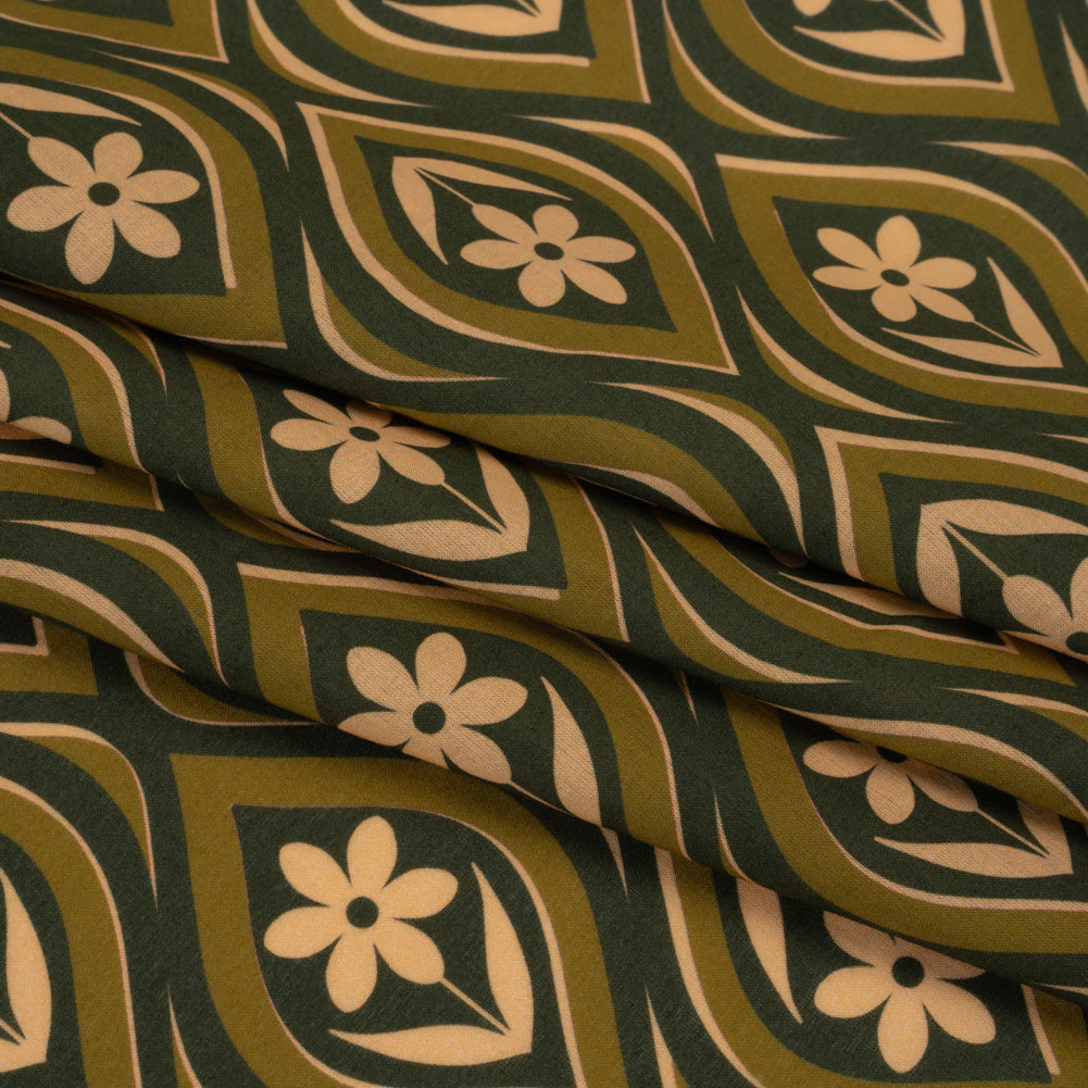 Cotton Voile - Olive, Hunter Green, and Beige Floral Ogees - Woodland Blooms Print - Mood Exclusive Acadia Collection - Folded