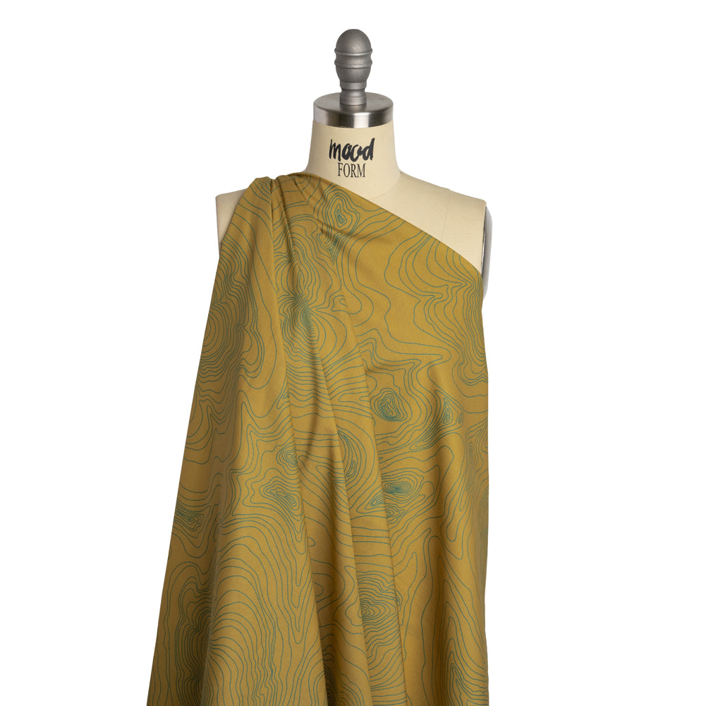 Cotton Voile - Olive and Hunter Green Abstract Lines - Topographic Map Print - Mood Exclusive Acadia Collection - Drape