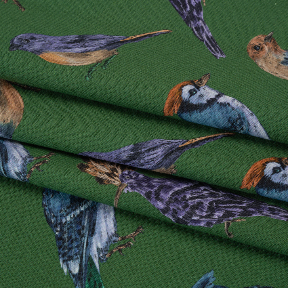 Linen and Rayon Woven - Green, Blue and Beige Little Birds - Birdsong Saunter Print - Mood Exclusive Acadia Collection - Folded