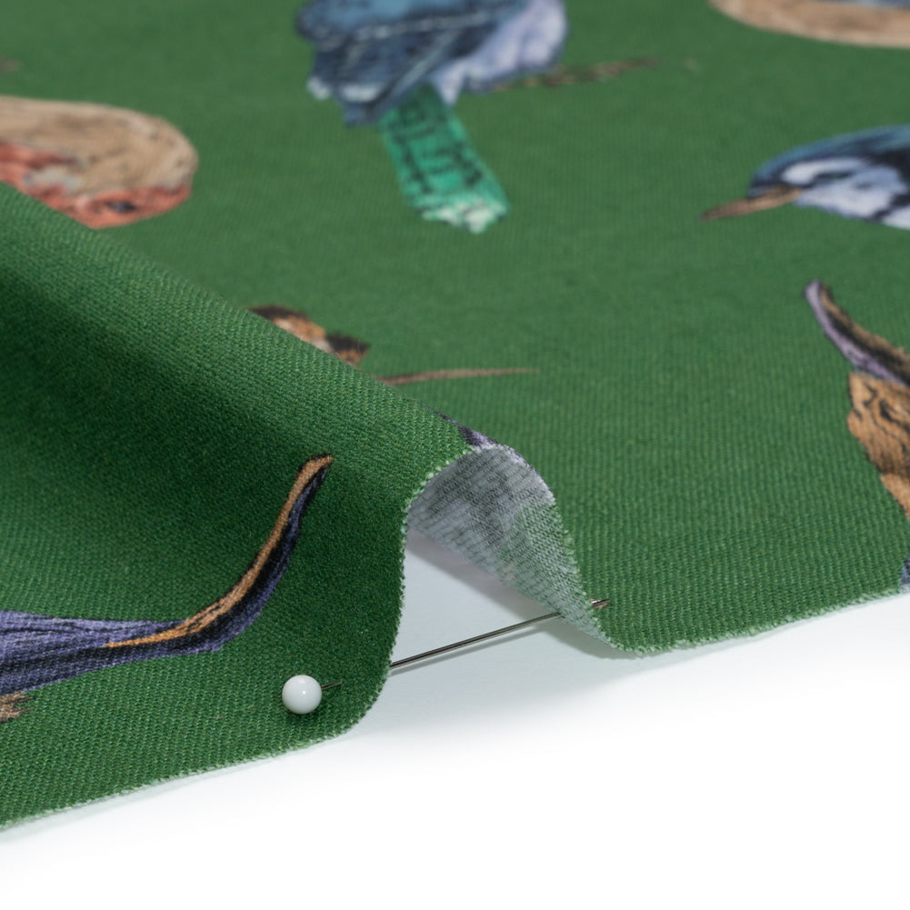 Linen and Rayon Woven - Green, Blue and Beige Little Birds - Birdsong Saunter Print - Mood Exclusive Acadia Collection - Detail